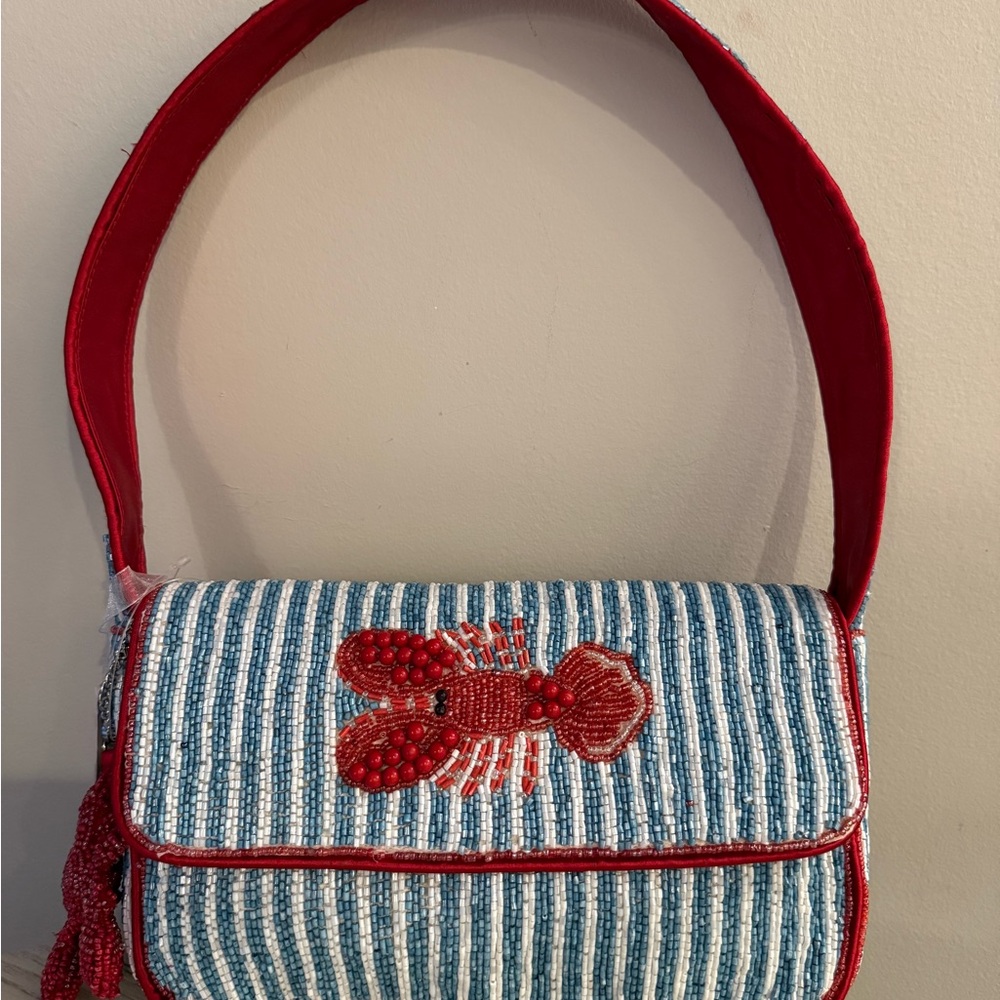 Viral Lobster Beaded Bag. Red and Blue Striped Shoulder Bag with Beaded Lobster